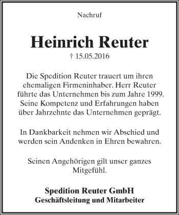 Anzeige  Heinrich Reuter  Lippische Landes-Zeitung