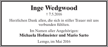 Anzeige  Inge Wedgwood  Lippische Landes-Zeitung