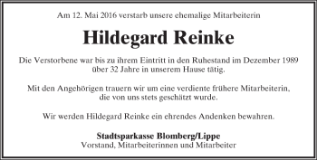 Anzeige  Hildegard Reinke  Lippische Landes-Zeitung