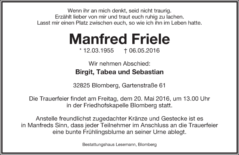  Traueranzeige für Manfred Friele vom 14.05.2016 aus Lippische Landes-Zeitung