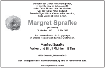Anzeige  Margret Sprafke  Lippische Landes-Zeitung
