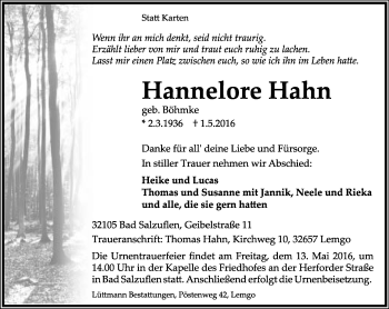 Anzeige  Hannelore Hahn  Lippische Landes-Zeitung