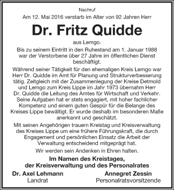 Anzeige  Fritz Quidde  Lippische Landes-Zeitung