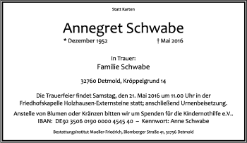 Anzeige  Annegret Schwabe  Lippische Landes-Zeitung