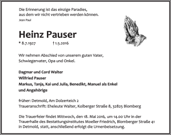 Anzeige  Heinz Pauser  Lippische Landes-Zeitung