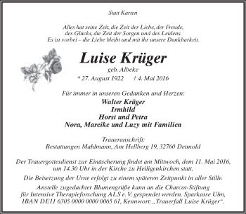 Anzeige  Luise Krüger  Lippische Landes-Zeitung