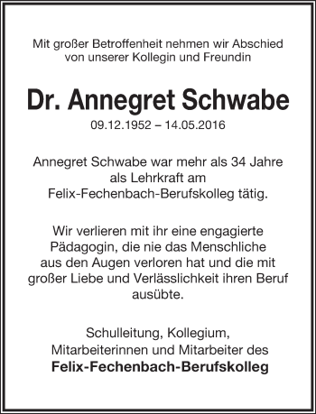 Anzeige  Annegret Schwabe  Lippische Landes-Zeitung
