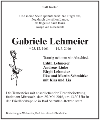 Anzeige  Gabriele Lehmeier  Lippische Landes-Zeitung
