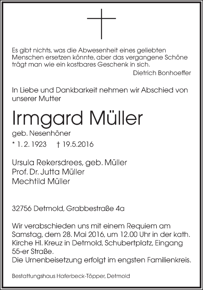  Traueranzeige für Irmgard Müller vom 21.05.2016 aus Lippische Landes-Zeitung