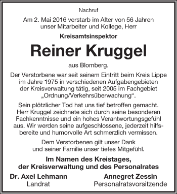Anzeige  Reiner Kruggel  Lippische Landes-Zeitung