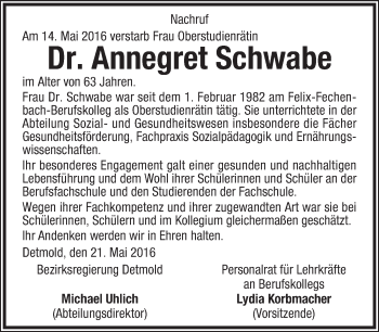 Anzeige  Annegret Schwabe  Lippische Landes-Zeitung