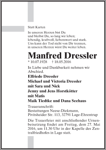 Anzeige  Manfred Dressler  Lippische Landes-Zeitung