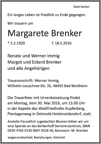 Anzeige  Margarete Brenker  Lippische Landes-Zeitung