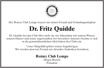 Anzeige  Fritz Quidde  Lippische Landes-Zeitung