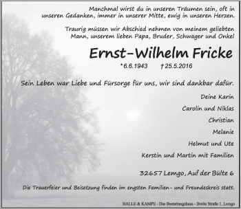 Anzeige  Ernst-Wilhelm Fricke  Lippische Landes-Zeitung