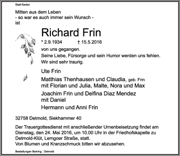Anzeige  Richard Frin  Lippische Landes-Zeitung