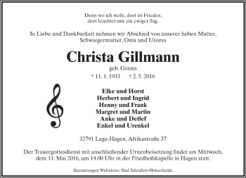 Anzeige  Christa Gillmann  Lippische Landes-Zeitung