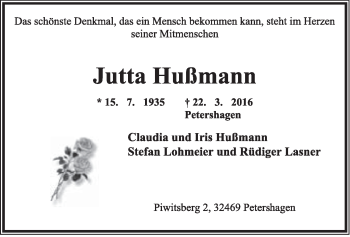 Anzeige  Jutta Hußmann  Lippische Landes-Zeitung