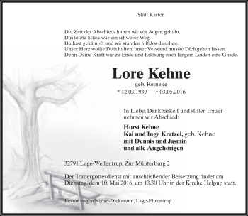 Anzeige  Lore Kehne  Lippische Landes-Zeitung