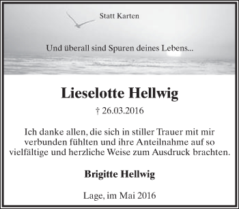 Anzeige  Lieselotte Hellwig  Lippische Landes-Zeitung