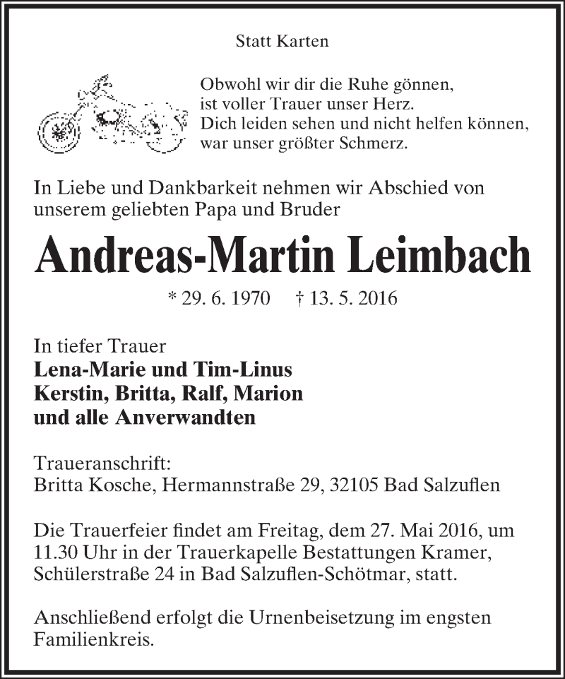  Traueranzeige für Andreas-Martin Leimbach vom 21.05.2016 aus Lippische Landes-Zeitung
