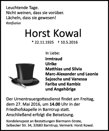 Anzeige  Horst Kowal  Lippische Landes-Zeitung