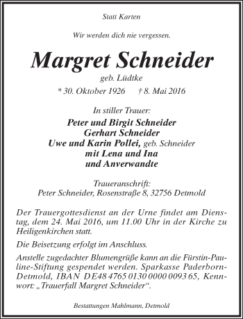 Anzeige  Margret Schneider  Lippische Landes-Zeitung