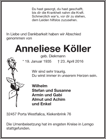 Anzeige  Anneliese Köller  Lippische Landes-Zeitung