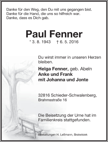 Anzeige  Paul Fenner  Lippische Landes-Zeitung