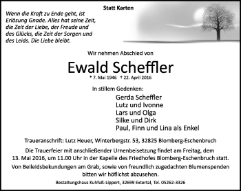 Anzeige  Ewald Scheffler  Lippische Landes-Zeitung