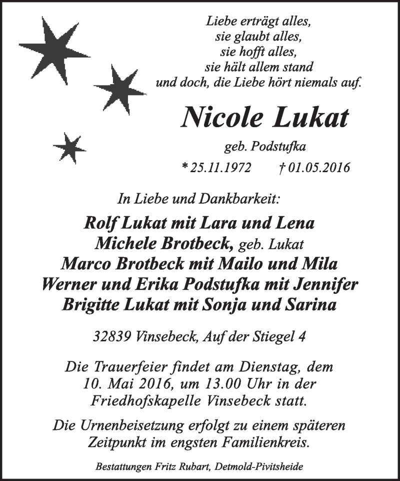  Traueranzeige für Nicole Lukat vom 07.05.2016 aus Lippische Landes-Zeitung