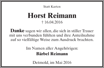 Anzeige  Horst Reimann  Lippische Landes-Zeitung