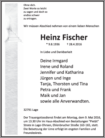 Anzeige  Heinz Fischer  Lippische Landes-Zeitung