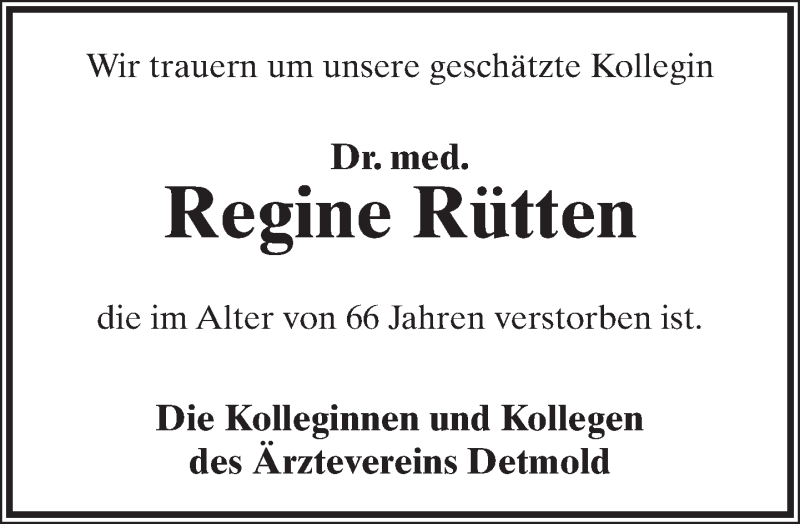  Traueranzeige für Regine Rütten vom 21.05.2016 aus Lippische Landes-Zeitung