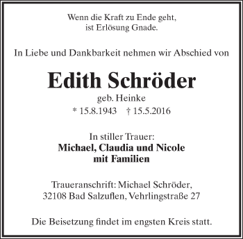 Anzeige  Edith Schröder  Lippische Landes-Zeitung