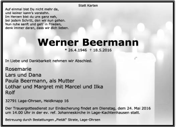 Anzeige  Werner Beermann  Lippische Landes-Zeitung