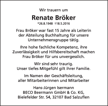 Anzeige  Renate Bröker  Lippische Landes-Zeitung