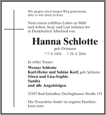 Anzeige  Hanna Schlotte  Lippische Landes-Zeitung