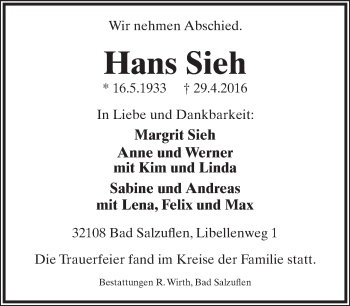 Anzeige  Hans Sieh  Lippische Landes-Zeitung