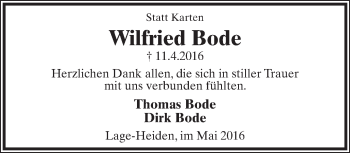 Anzeige  Wilfried Bode  Lippische Landes-Zeitung