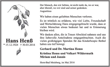 Anzeige  Hans Henß  Lippische Landes-Zeitung