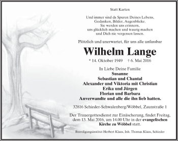Anzeige  Wilhelm Lange  Lippische Landes-Zeitung