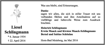 Anzeige  Liesel Schlingmann  Lippische Landes-Zeitung