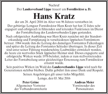 Anzeige  Hans Kratz  Lippische Landes-Zeitung