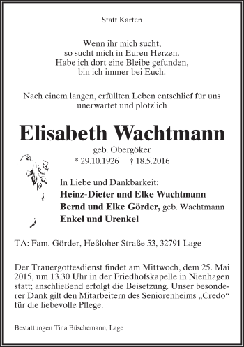 Anzeige  Elisabeth Wachtmann  Lippische Landes-Zeitung