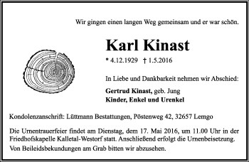 Anzeige  Karl Kinast  Lippische Landes-Zeitung