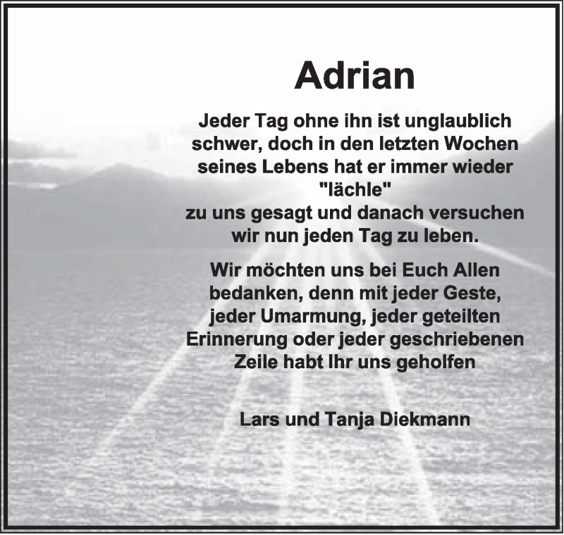  Traueranzeige für Adrian Diekmann vom 14.05.2016 aus Lippische Landes-Zeitung