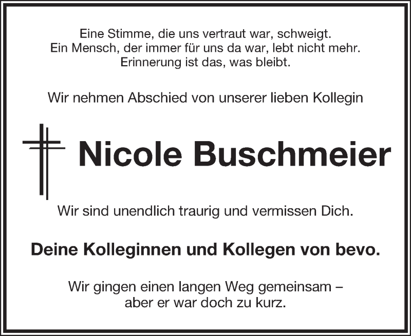  Traueranzeige für Nicole Buschmeier vom 28.05.2016 aus Lippische Landes-Zeitung