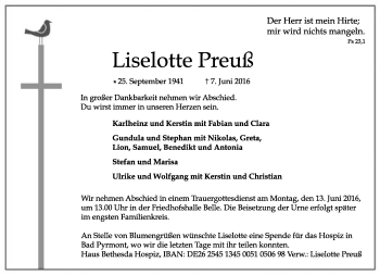 Anzeige  Lieselotte Preuß  Lippische Landes-Zeitung