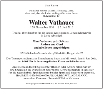 Anzeige  Walter Vathauer  Lippische Landes-Zeitung